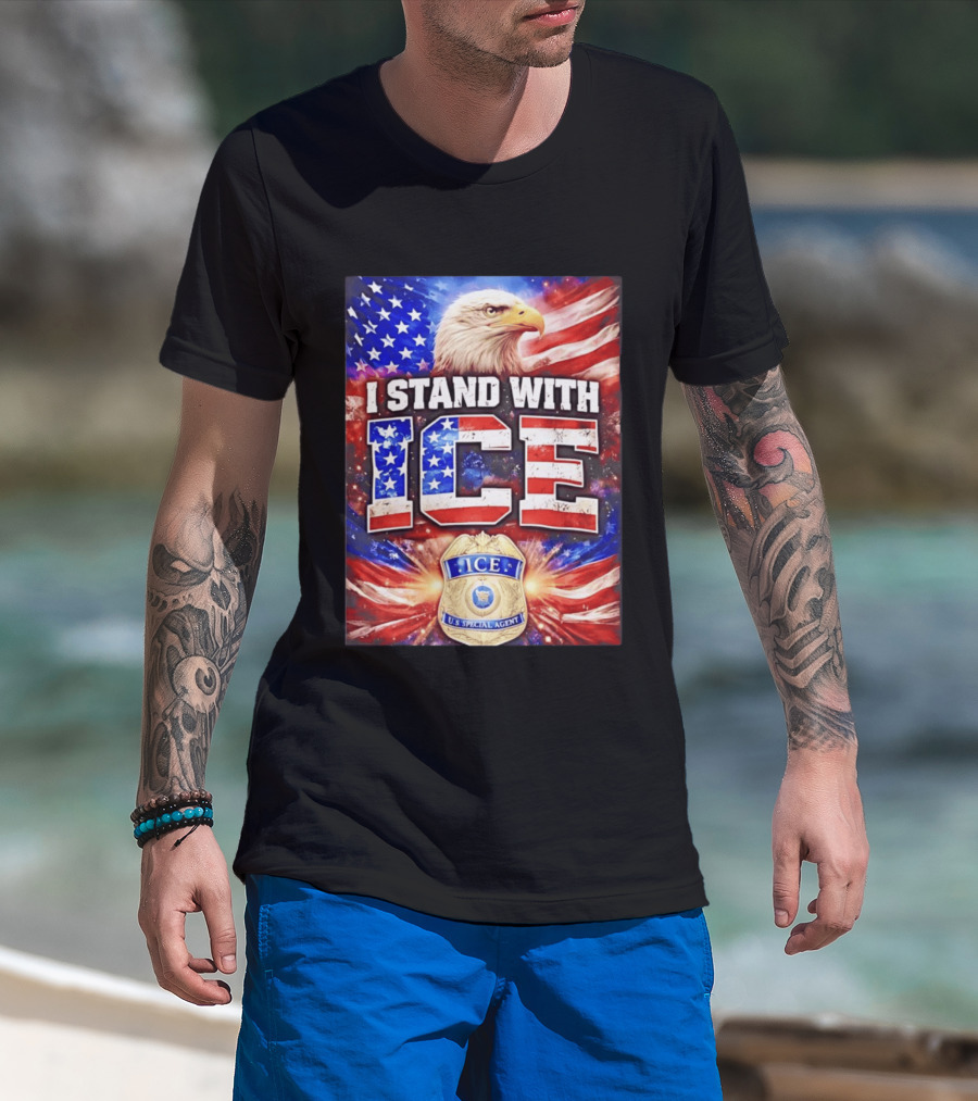 I Stand With ICE American Flag Bald Eagle U.S. Special Agent T-Shirt