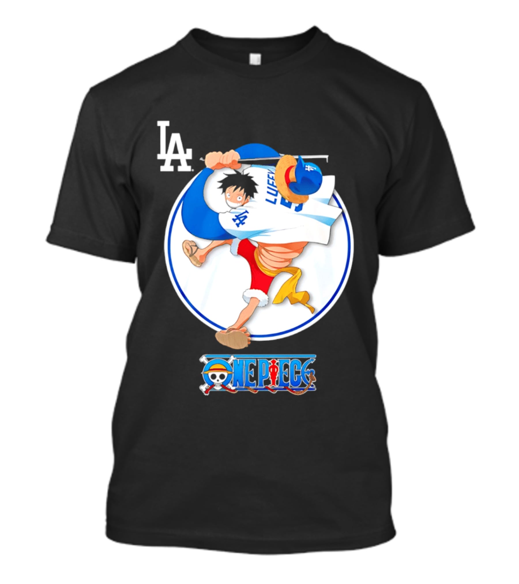Los Angeles Dodgers Luffy OnePiece Collaboration With LA Logo And One Piece Branding T-Shirt