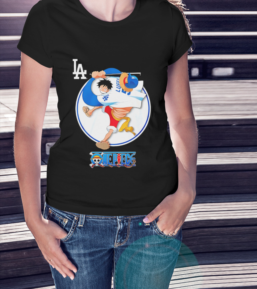 Los Angeles Dodgers Luffy OnePiece Collaboration With LA Logo And One Piece Branding T-Shirt