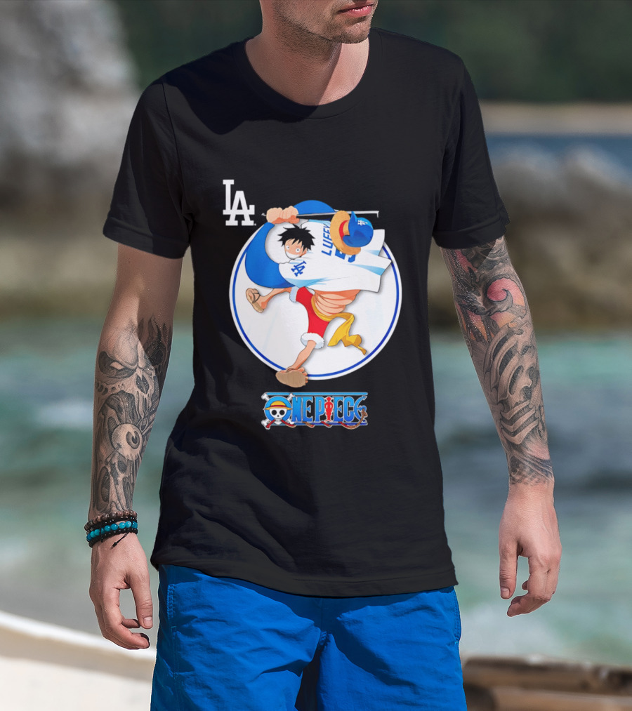 Los Angeles Dodgers Luffy OnePiece Collaboration With LA Logo And One Piece Branding T-Shirt