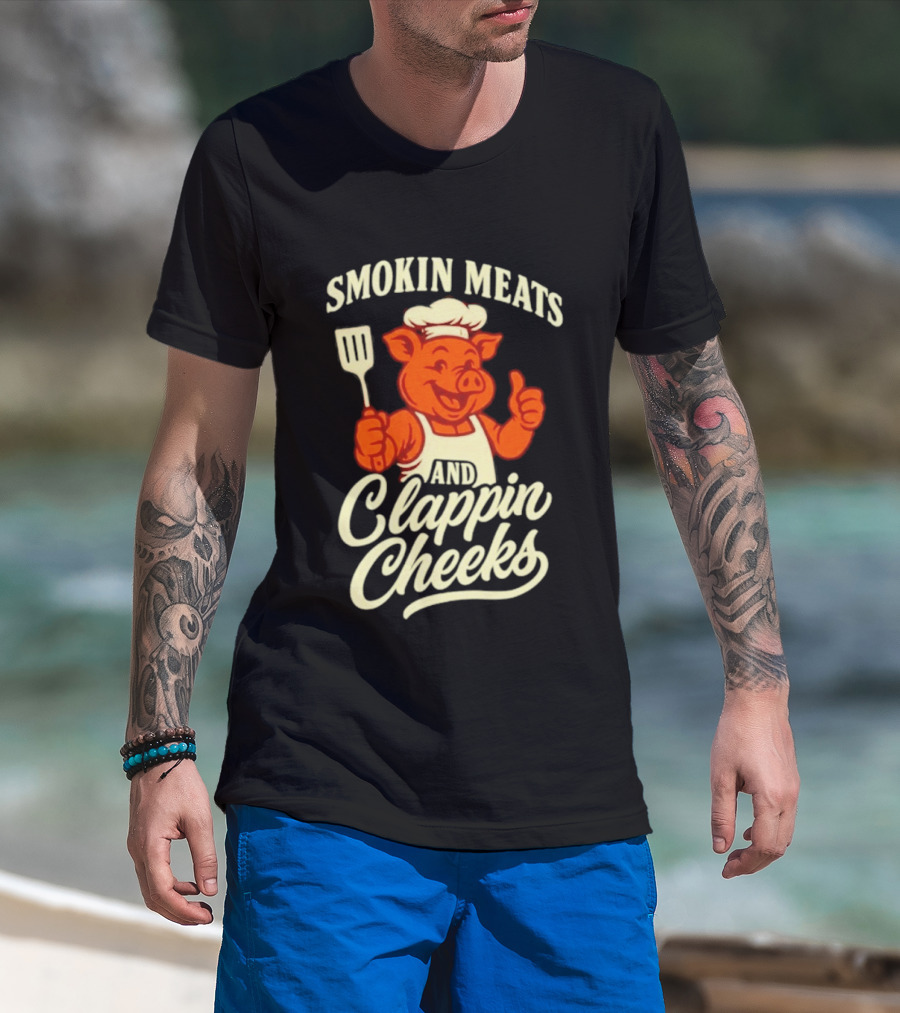 Smokin Meats And Clappin Cheeks Pig Chef Thumbs Up BBQ T-Shirt