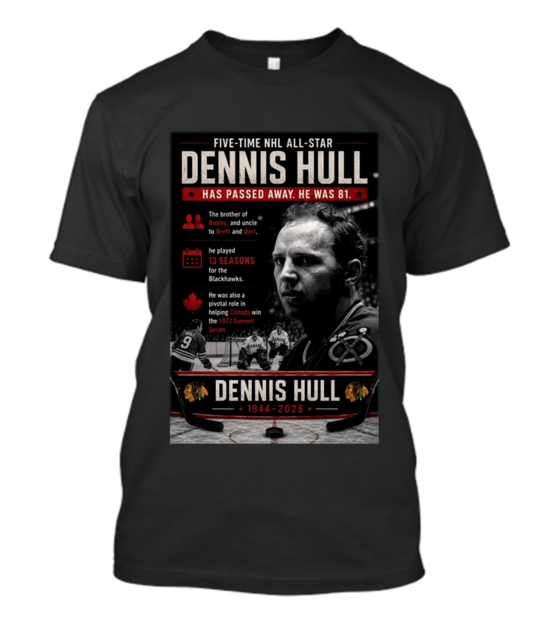 Five Time NHL All Star Dennis Hull 1944 2026 Blackhawks Legacy And 1972 Summit Series Hero T-Shirt