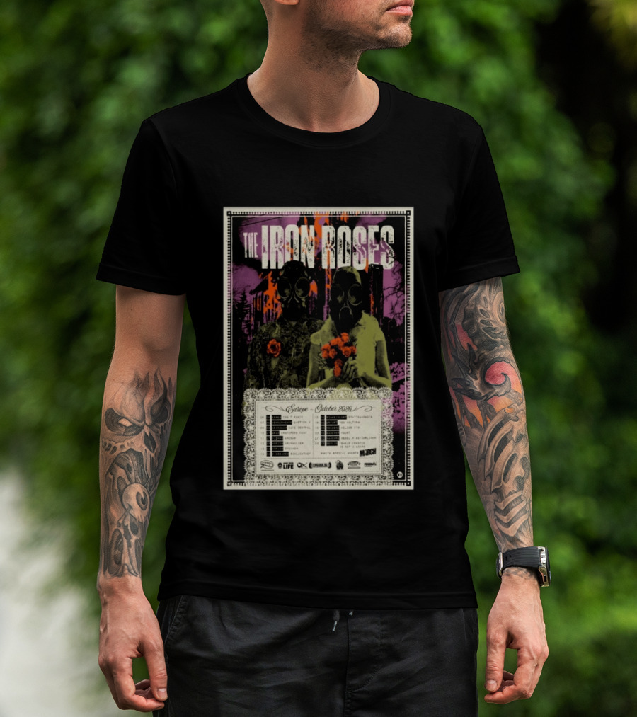 The Iron Roses Tour Europe 2026 October Dates With Gas Masks And Roses T-Shirt
