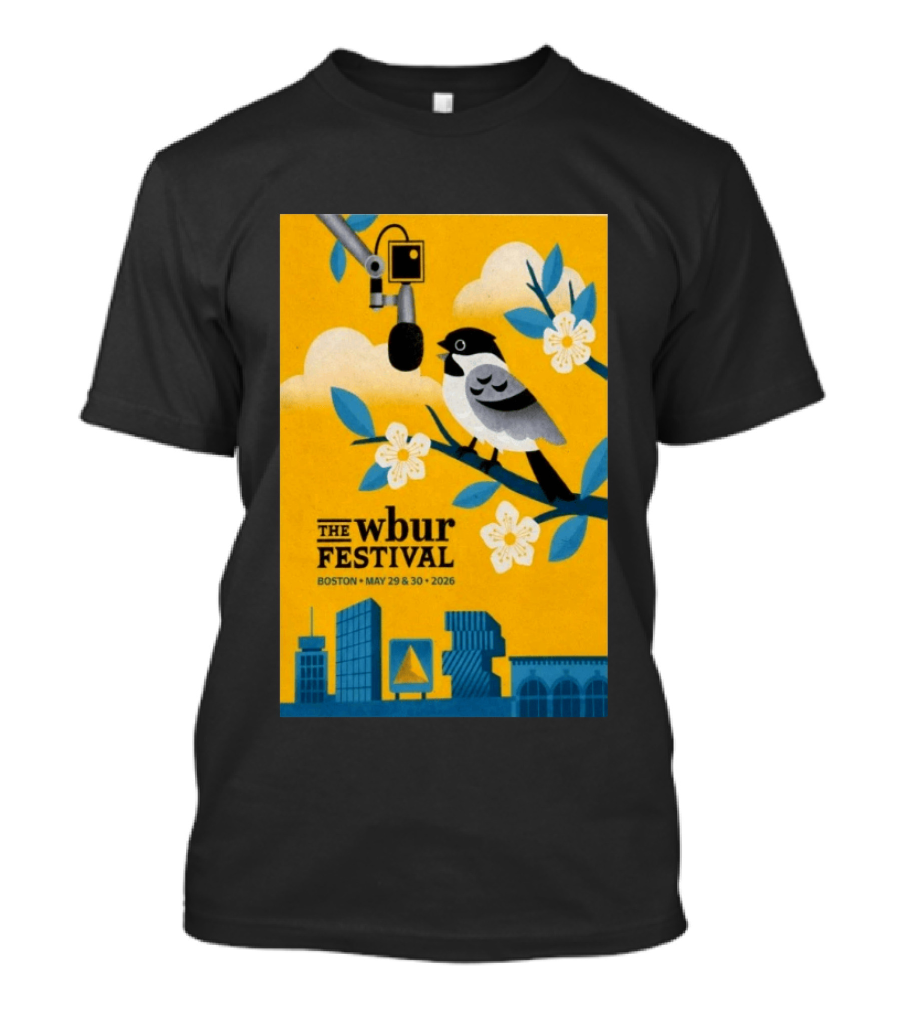The Wbur Festival Boston 2026 Yellow Bird Microphone Urban Skyline T-Shirt