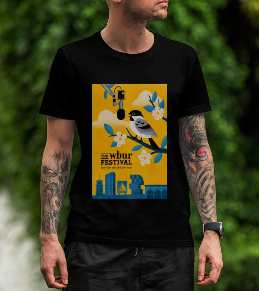 The Wbur Festival Boston 2026 Yellow Bird Microphone Urban Skyline T-Shirt