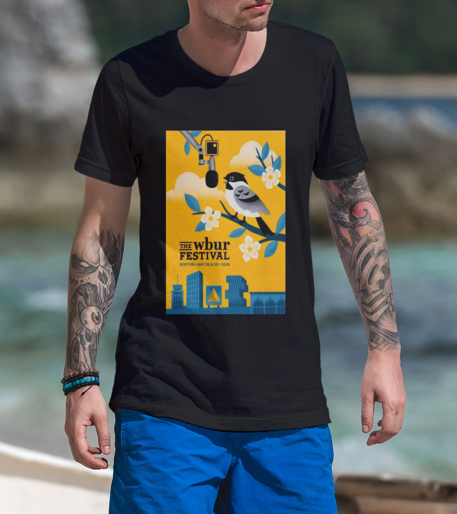 The Wbur Festival Boston 2026 Yellow Bird Microphone Urban Skyline T-Shirt