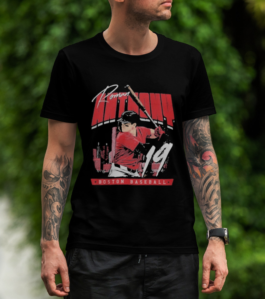 Roman Anthony 19 Boston Baseball Skyline Batting Scene T-Shirt