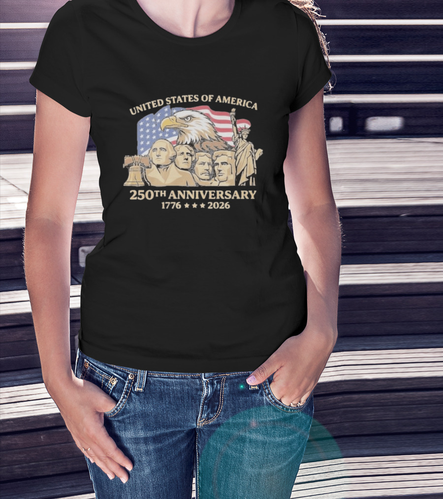 United States Of America 250th Anniversary 1776 2026 Patriotic Bald Eagle Liberty Bell Mount Rushmore Statue Of Liberty T-Shirt