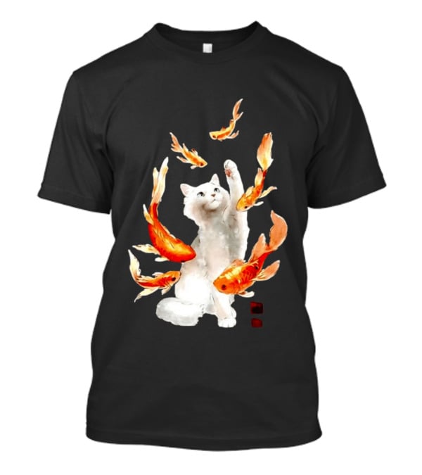 Playful White Cat Surrounded By Goldfish T-Shirt