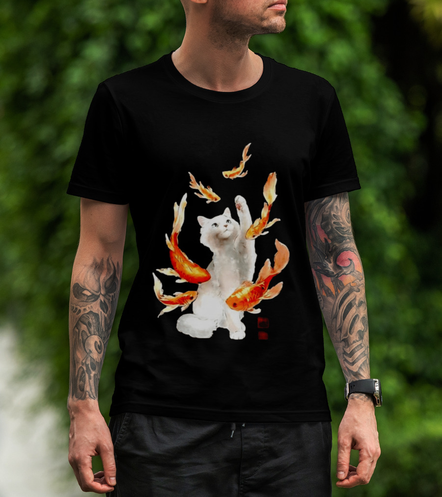 Playful White Cat Surrounded By Goldfish T-Shirt