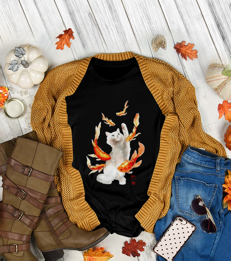 Playful White Cat Surrounded by Goldfish T-Shirt