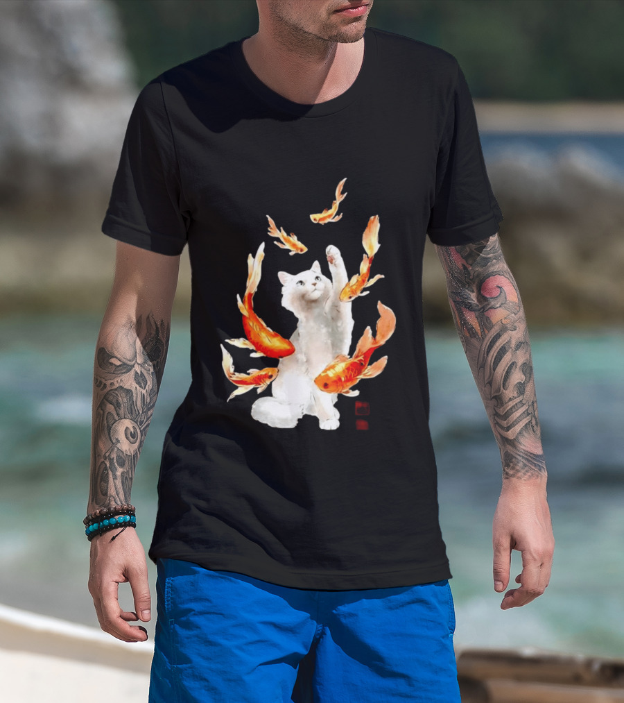 Playful White Cat Surrounded By Goldfish T-Shirt