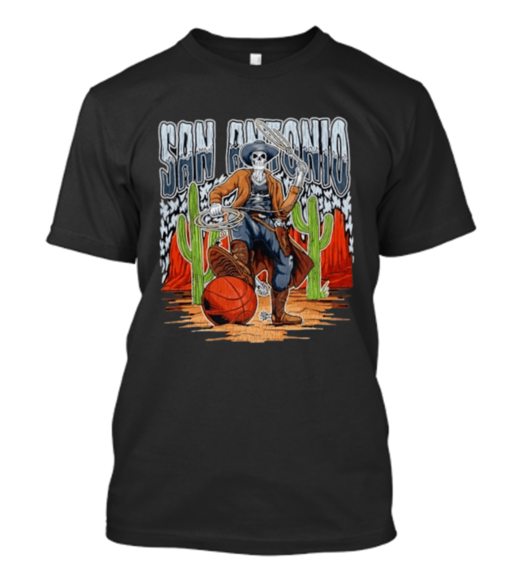 San Antonio Skeleton Cowboy With Basketball And Cactus Scene T-Shirt