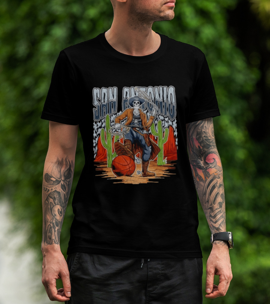 San Antonio Skeleton Cowboy With Basketball And Cactus Scene T-Shirt