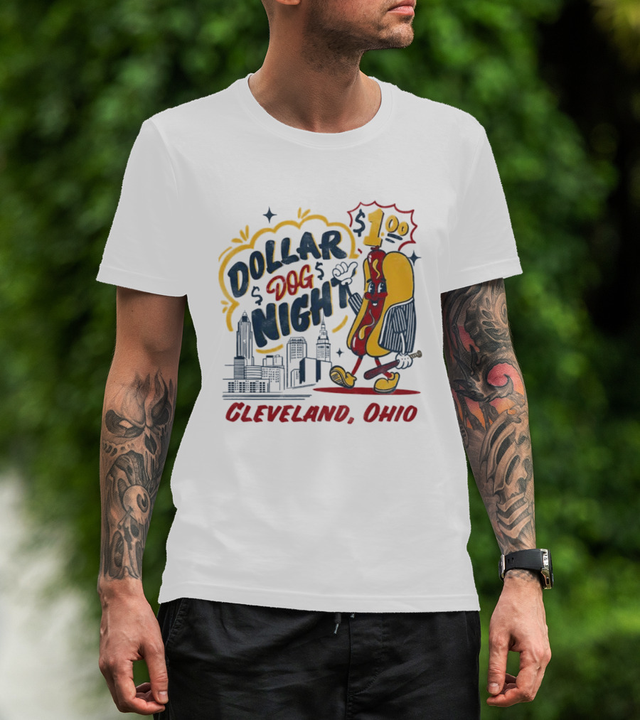 Cleveland Ohio Dollar Dog Night Baseball Skyline Hot Dog 1 Dollar T-Shirt