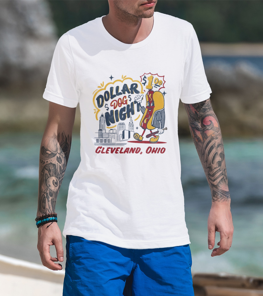 Cleveland Ohio Dollar Dog Night Baseball Skyline Hot Dog 1 Dollar T-Shirt