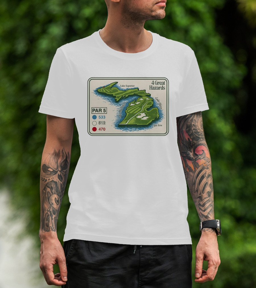 Michigan Golf Par 5 Course Map With 4 Great Hazards Lake Superior Huron Erie T-Shirt