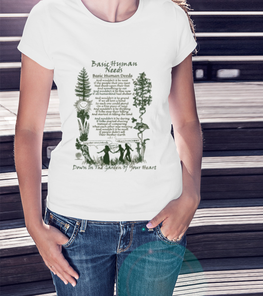 Basic Human Needs Basic Human Deeds Down In The Garden Of Your Heart Vintage Beige Forest Scene T-Shirt