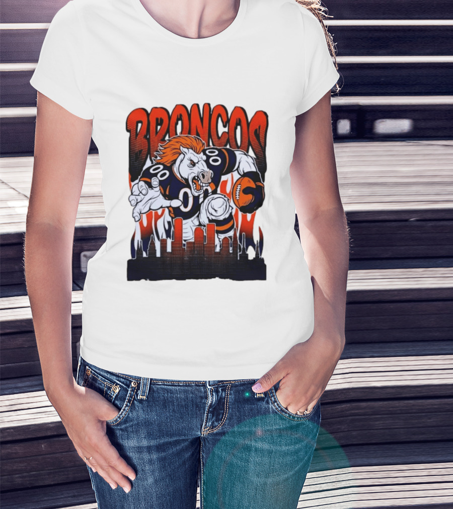 Denver Broncos Football Bronco Running Horse Skyline T-Shirt