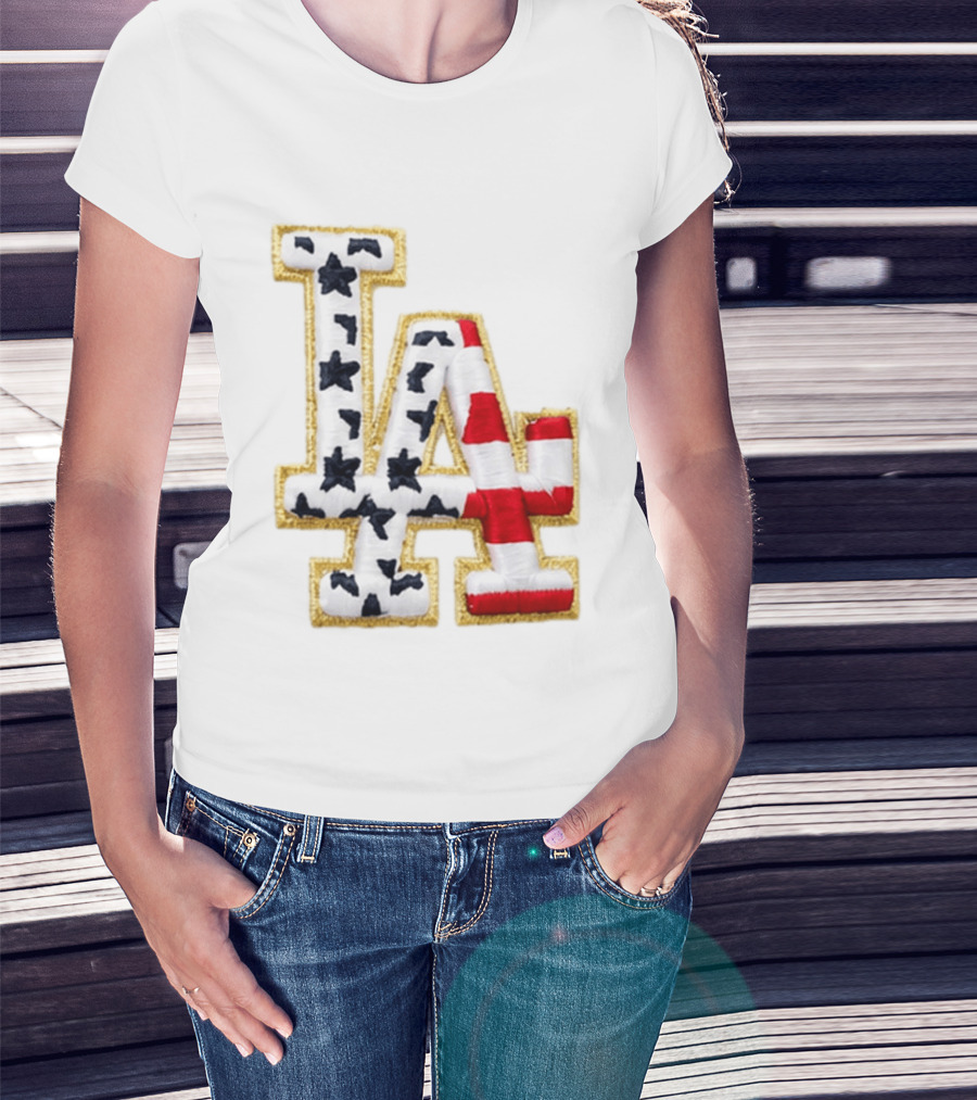 Dodgers LA 250th Anniversary Stars And Stripes Gold Trim Patch T-Shirt