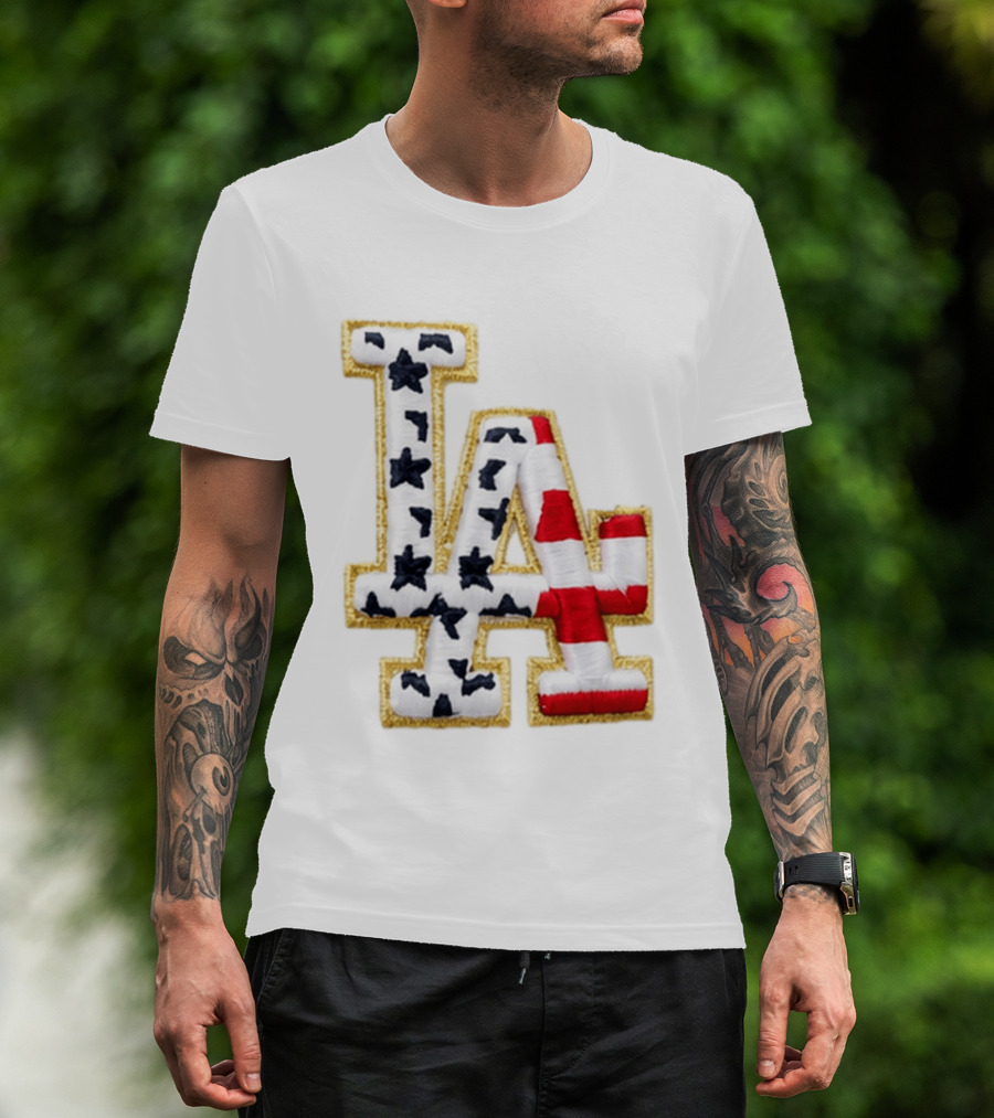 Dodgers LA 250th Anniversary Stars And Stripes Gold Trim Patch T-Shirt