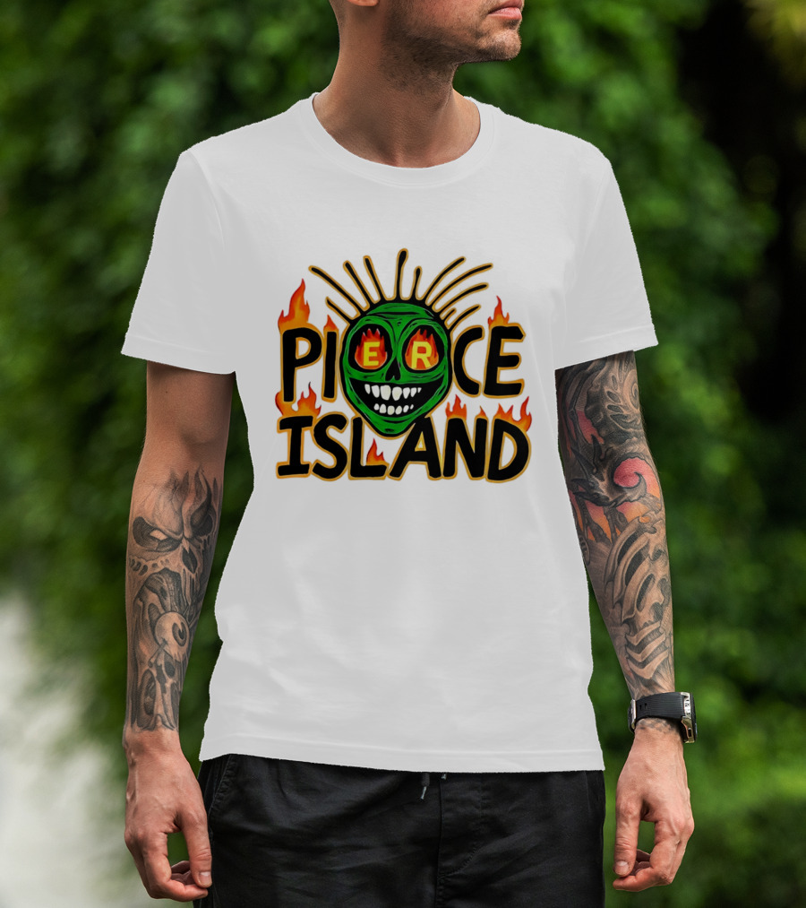 Pierce Island Green Skull Flames Spooky Island T-Shirt