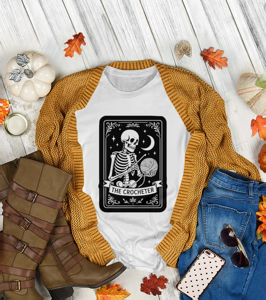Tarot Card The Crocheter Skeleton Moon and Stars T-Shirt