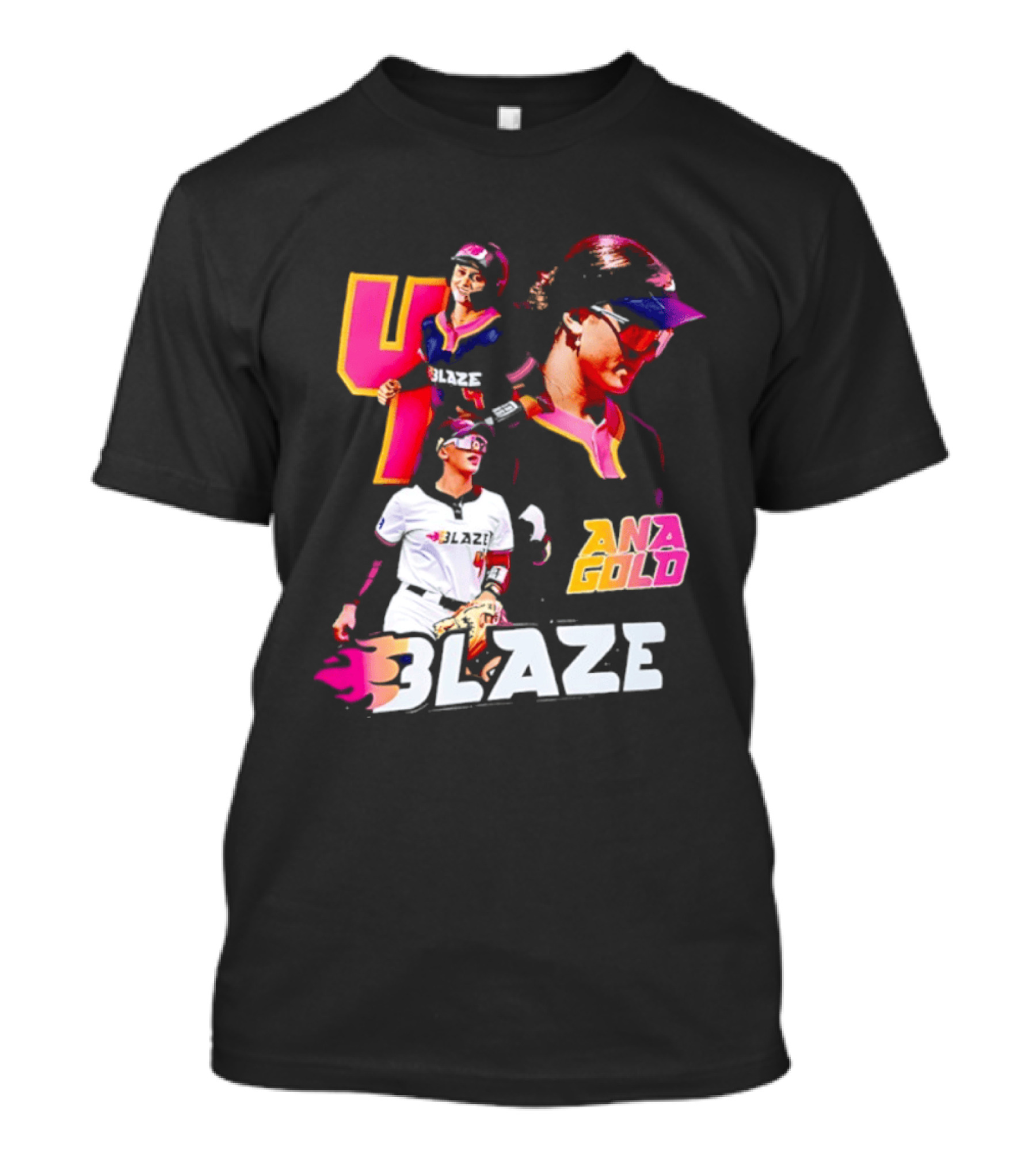 Blaze Ana Gold Softball Player Number 4 Action Collage T-Shirt