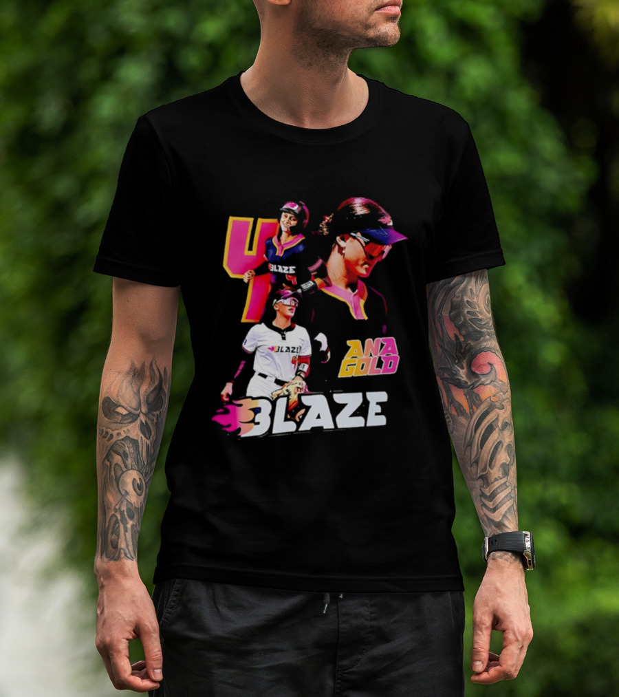 Blaze Ana Gold Softball Player Number 4 Action Collage T-Shirt