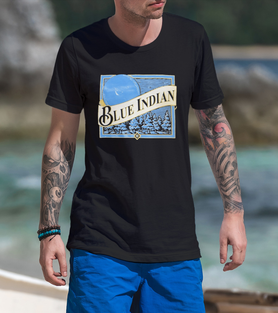 Blue Indian Moon Forest Nature Pine Trees Winter Scene T-Shirt