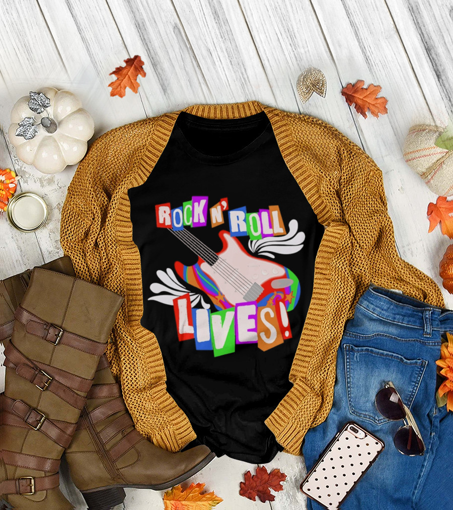 Rock N' Roll Lives Colorful Electric Guitar T-Shirt