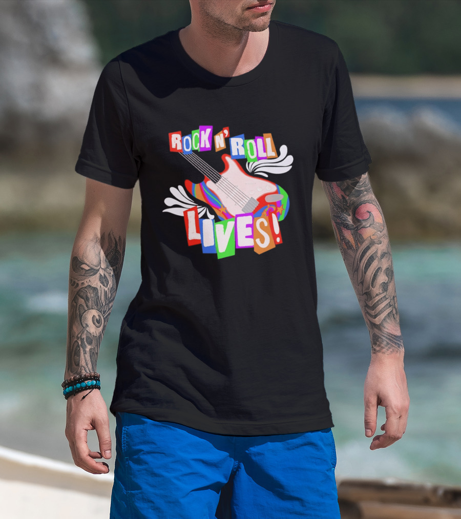 Rock N' Roll Lives Colorful Electric Guitar T-Shirt