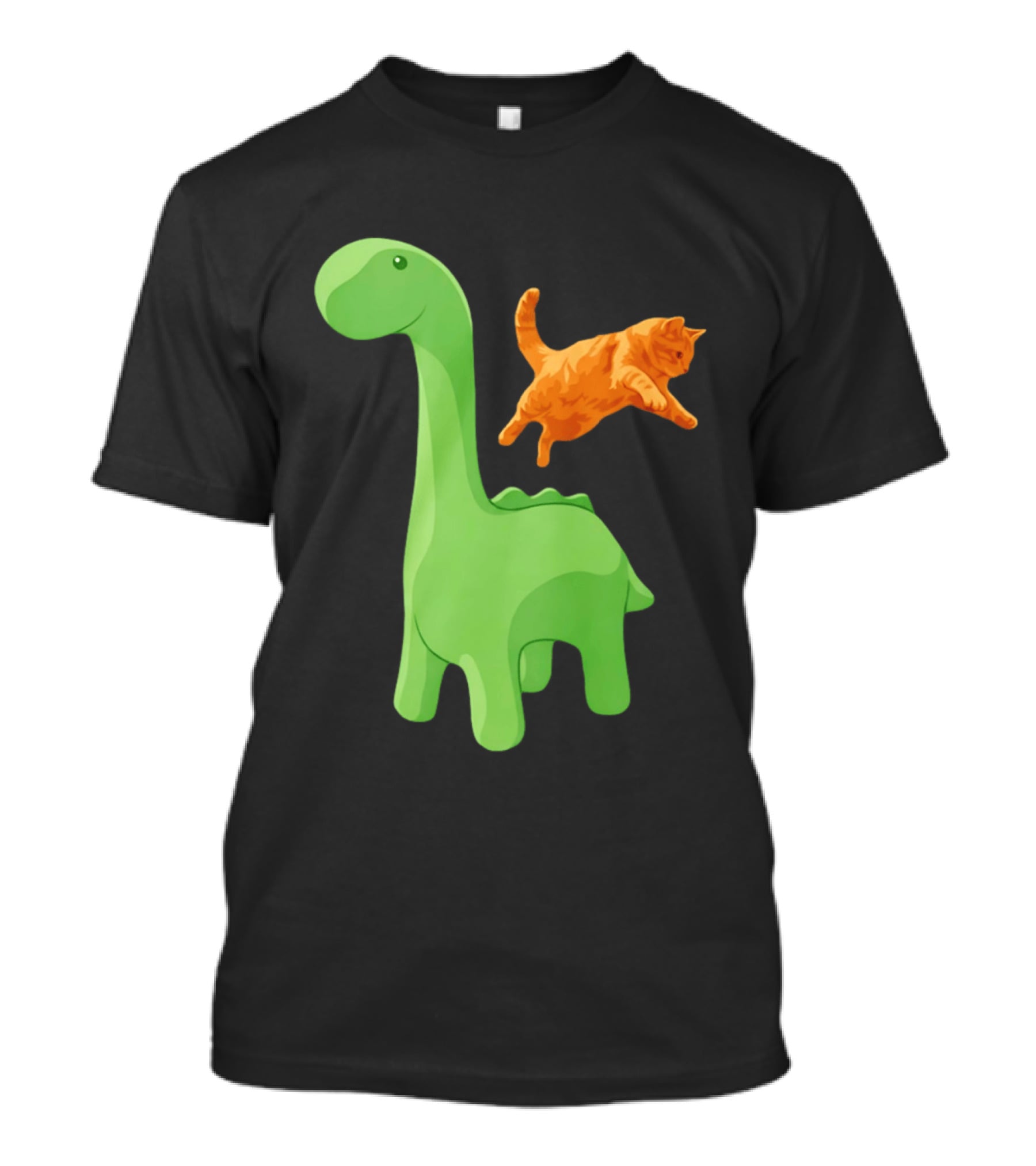 Cat Jumping Over Green Dinosaur Cartoon Image T-Shirt