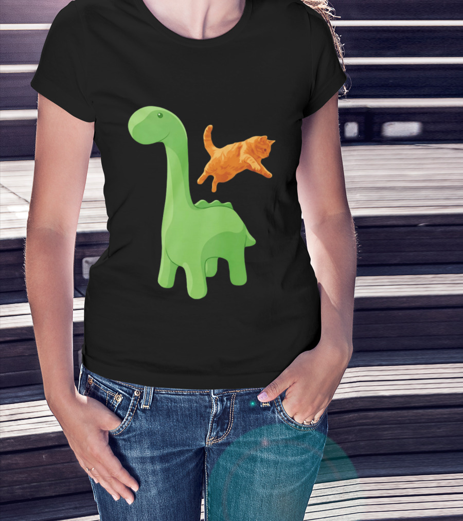Cat Jumping Over Green Dinosaur Cartoon Image T-Shirt