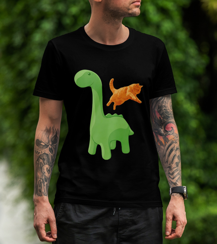 Cat Jumping Over Green Dinosaur Cartoon Image T-Shirt