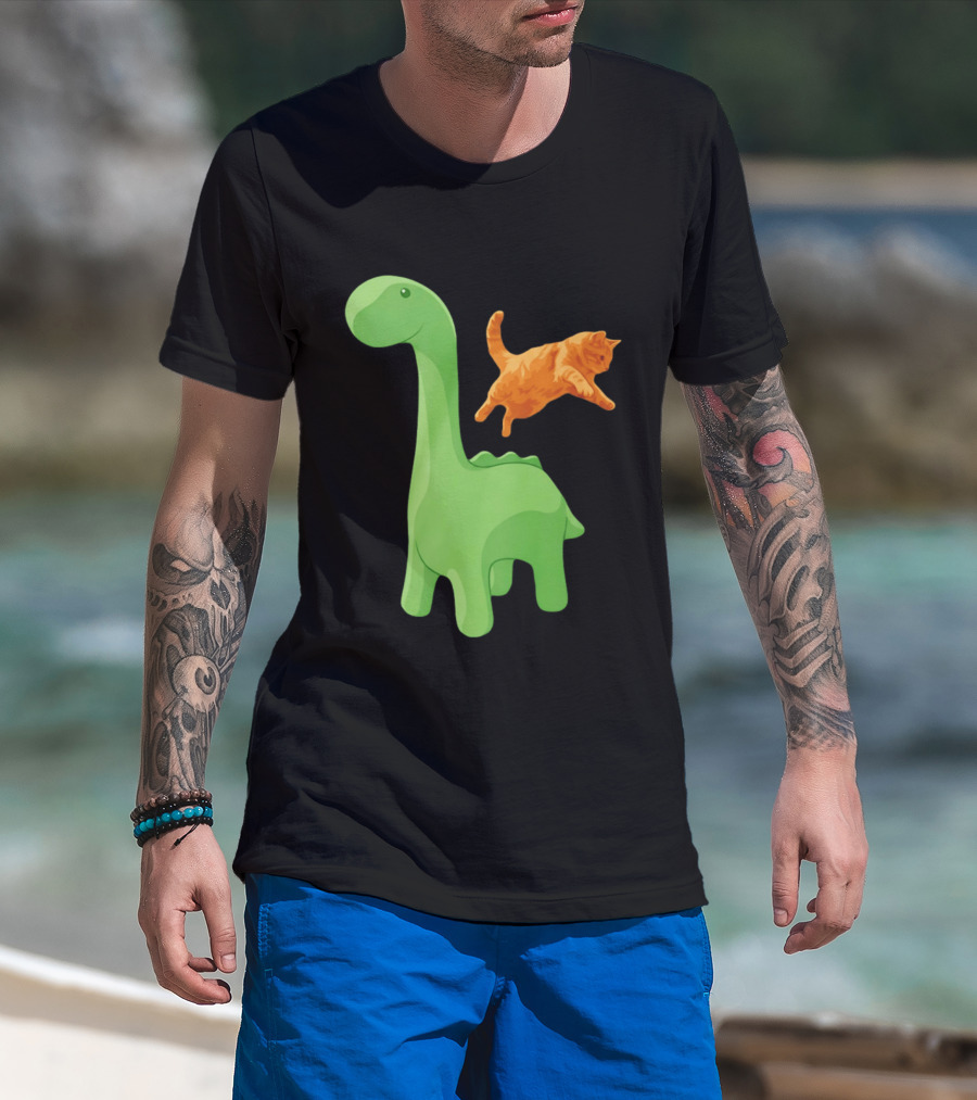Cat Jumping Over Green Dinosaur Cartoon Image T-Shirt
