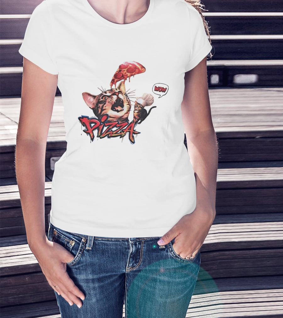 Pizza Cat Wow Chef Graffiti Culinary Delight T-Shirt