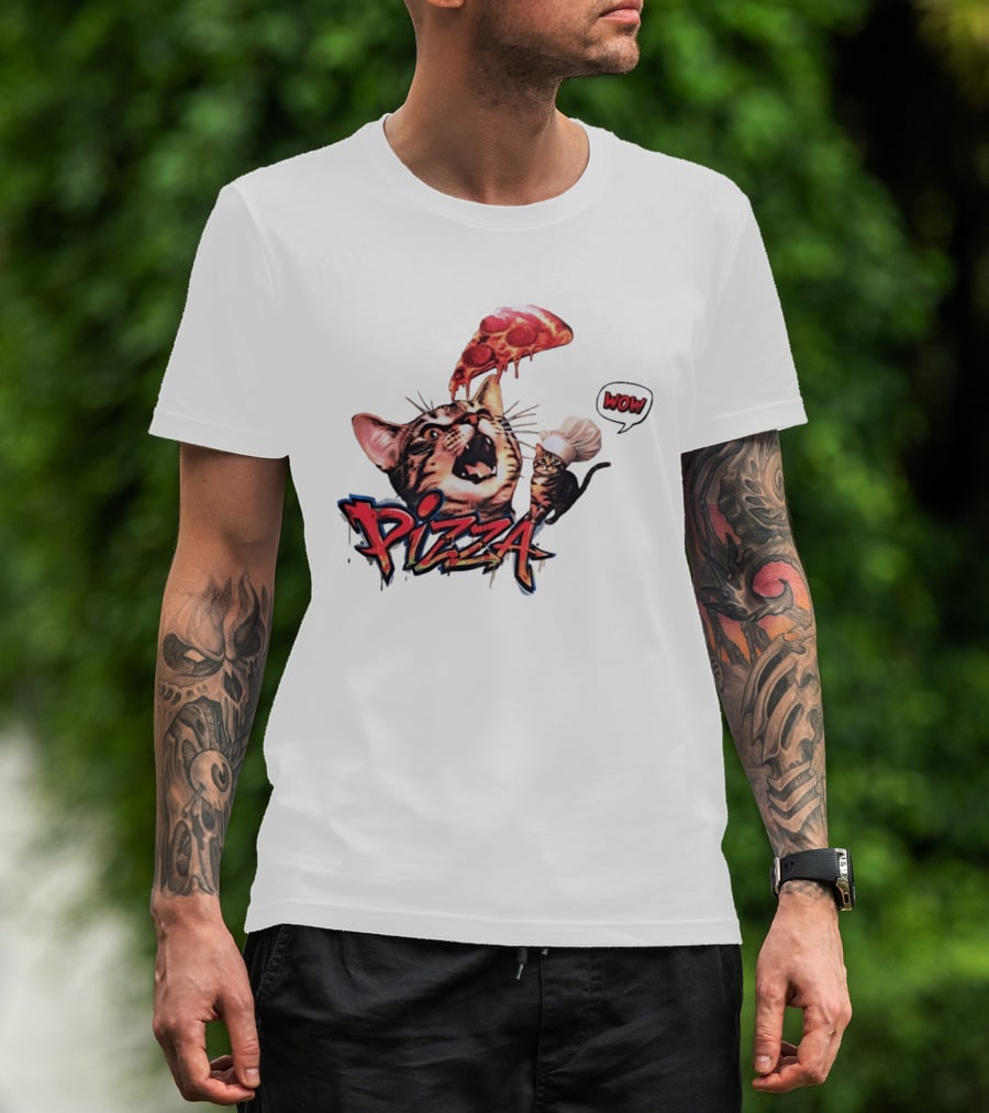 Pizza Cat Wow Chef Graffiti Culinary Delight T-Shirt