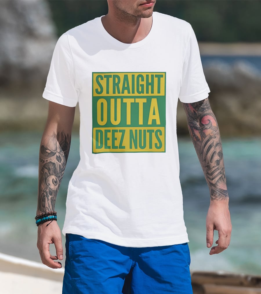 Straight Outta Deez Nuts Bold Yellow Green Block Letters T-Shirt