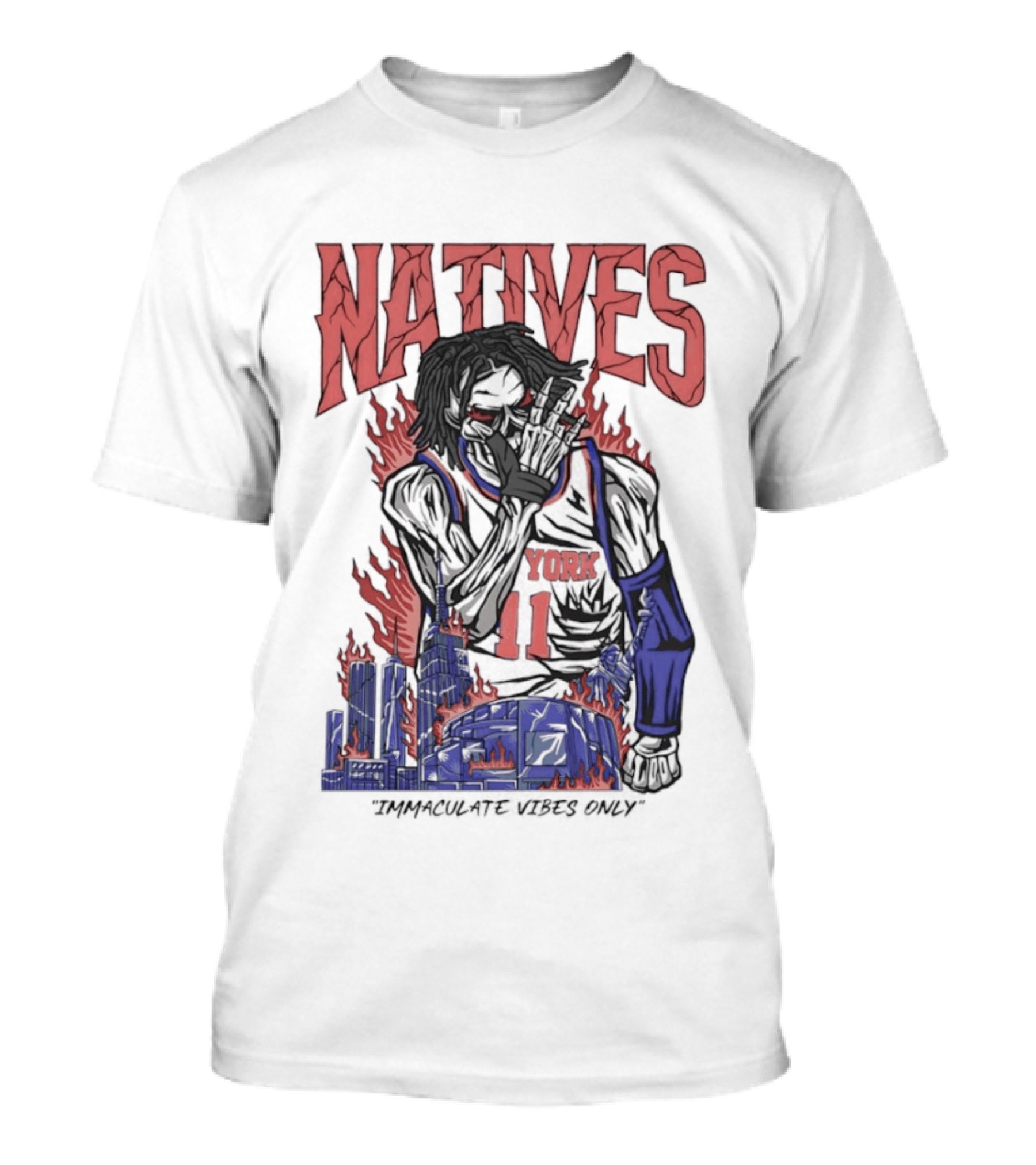 Natives Immaculate Vibes Only Jalen Brunson York 11 Skeleton Statue T-Shirt
