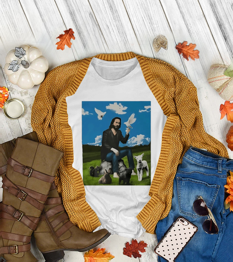 Keanu Reeves Peaceful Meadow with Animals and Doves T-Shirt