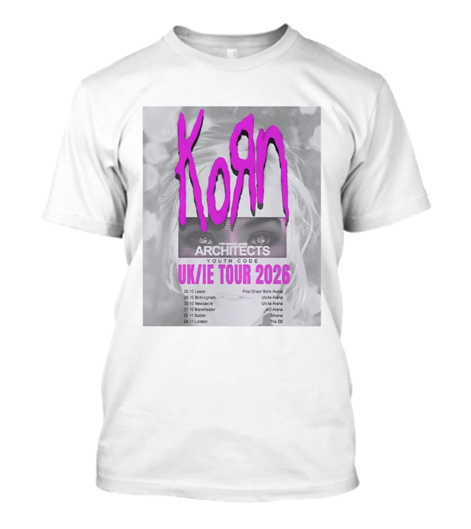 Korn UK/IE Tour 2026 Schedule Architects Youth Code First Direct Arena O2 Arena T-Shirt