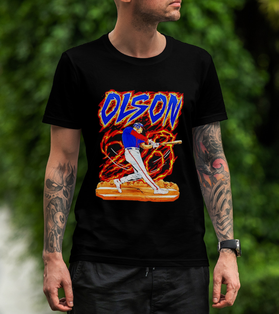 Atlanta Braves Matt Olson Hand Drawn Dynamic Swing Iconic Action T-Shirt