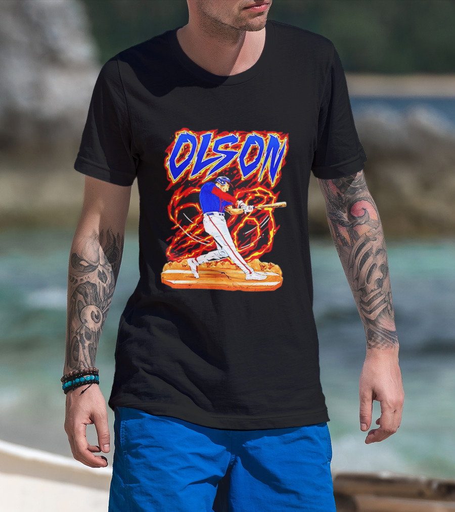 Atlanta Braves Matt Olson Hand Drawn Dynamic Swing Iconic Action T-Shirt