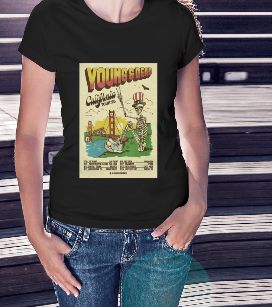Young And Dead California Tour 2026 Vintage Skeleton Golden Gate Bridge T-Shirt