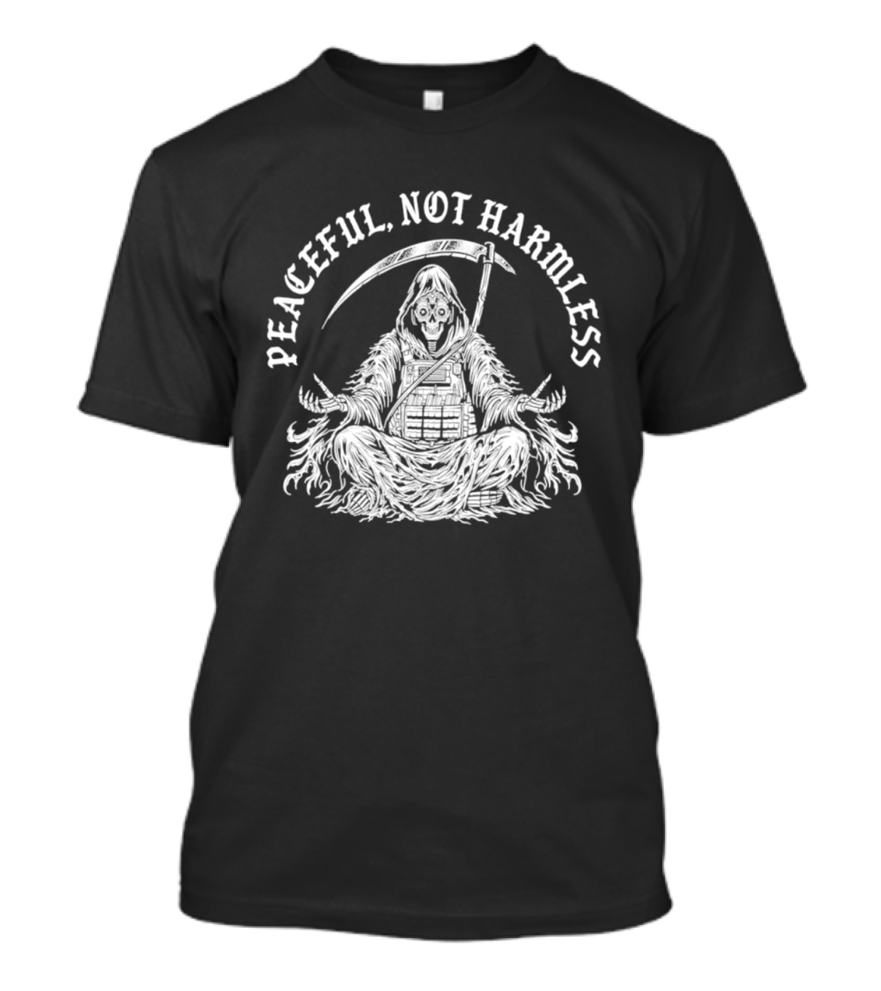 Peaceful Not Harmless Meditating Grim Reaper With Scythe T-Shirt