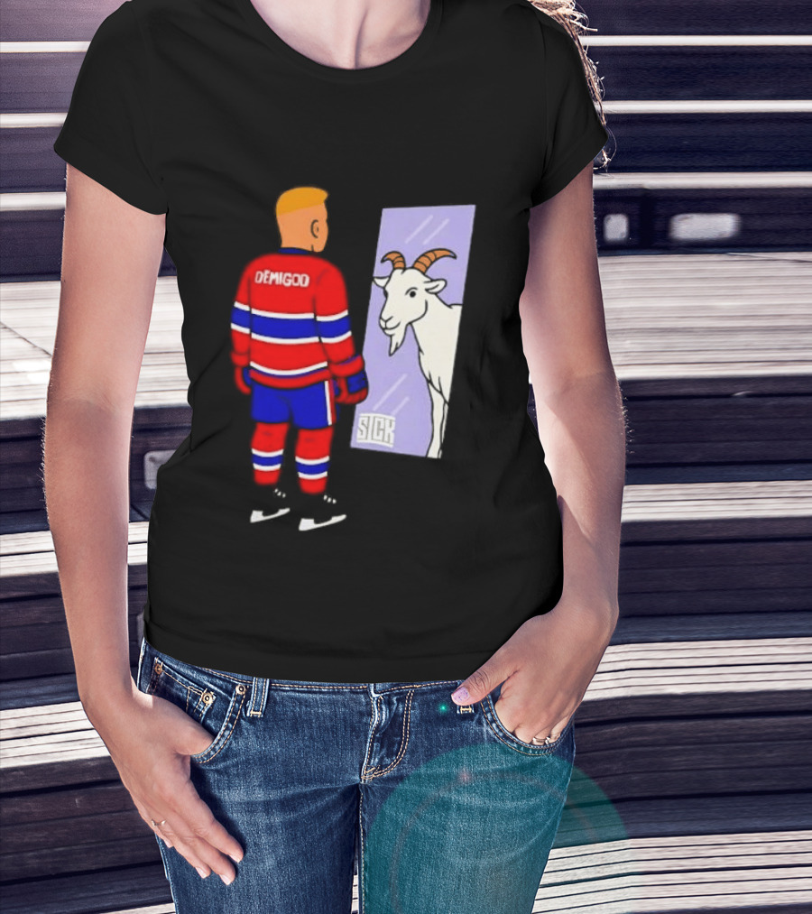 Demigod Hockey Player Looking In Mirror With Goat Reflection T-Shirt