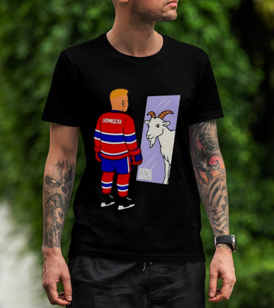 Demigod Hockey Player Looking In Mirror With Goat Reflection T-Shirt