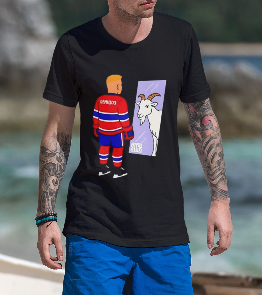 Demigod Hockey Player Looking In Mirror With Goat Reflection T-Shirt