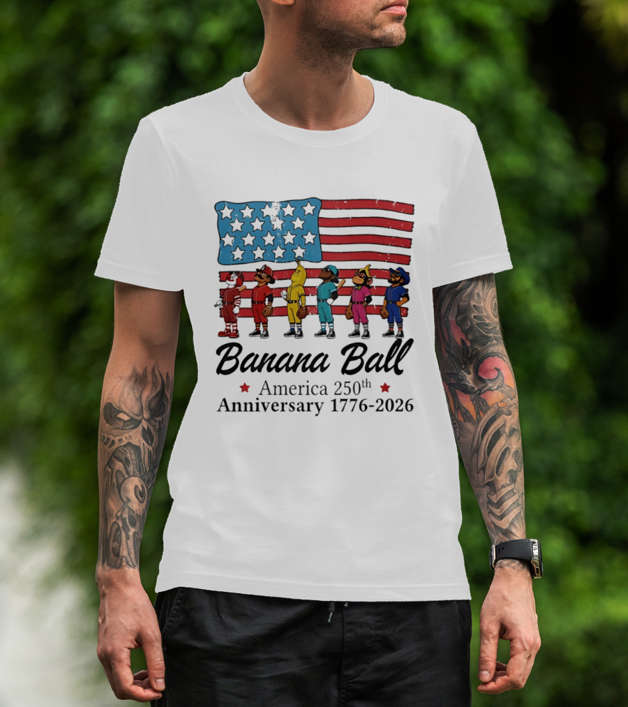 Banana Ball America 250th Anniversary 1776 2026 Flag Baseball Celebration T-Shirt
